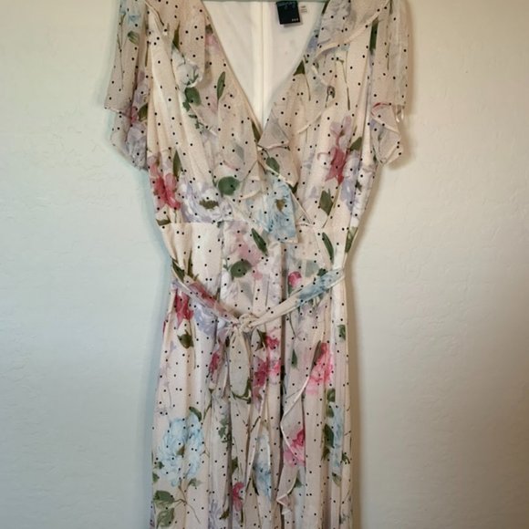 Gabby Skye Dresses & Skirts - Gabby Skye | Cream Polka Dot and Floral Faux Wrap Tiered Ruffle Midi Dress Sz14W